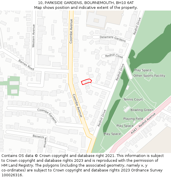 10, PARKSIDE GARDENS, BOURNEMOUTH, BH10 6AT: Location map and indicative extent of plot