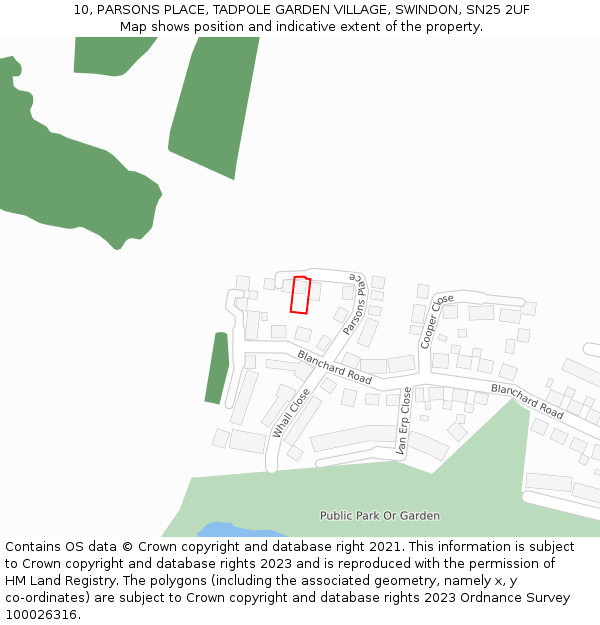 10, PARSONS PLACE, TADPOLE GARDEN VILLAGE, SWINDON, SN25 2UF: Location map and indicative extent of plot