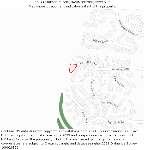 10, PARTRIDGE CLOSE, BASINGSTOKE, RG22 5UT: Location map and indicative extent of plot