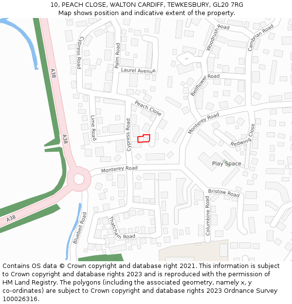 10, PEACH CLOSE, WALTON CARDIFF, TEWKESBURY, GL20 7RG: Location map and indicative extent of plot