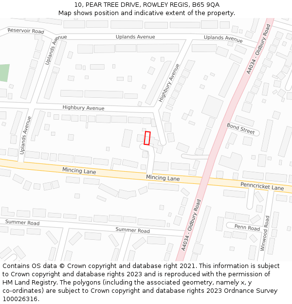 10, PEAR TREE DRIVE, ROWLEY REGIS, B65 9QA: Location map and indicative extent of plot