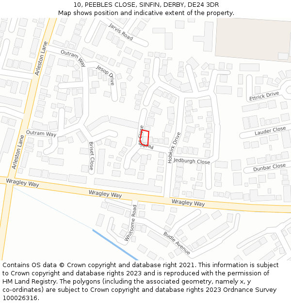 10, PEEBLES CLOSE, SINFIN, DERBY, DE24 3DR: Location map and indicative extent of plot