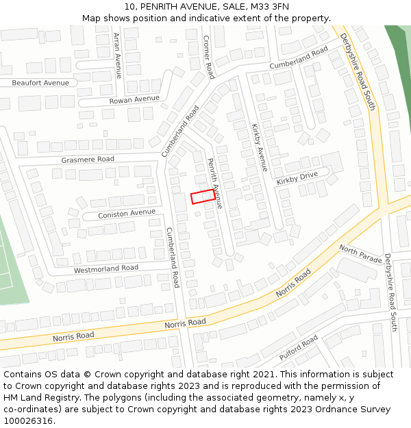 10, PENRITH AVENUE, SALE, M33 3FN: Location map and indicative extent of plot