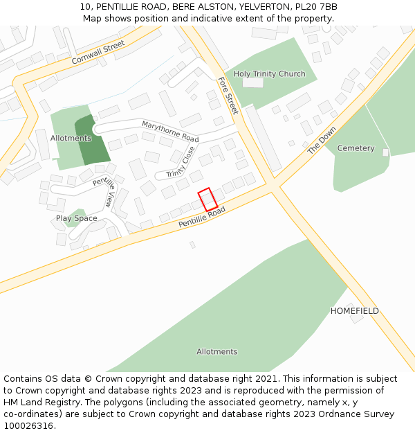 10, PENTILLIE ROAD, BERE ALSTON, YELVERTON, PL20 7BB: Location map and indicative extent of plot