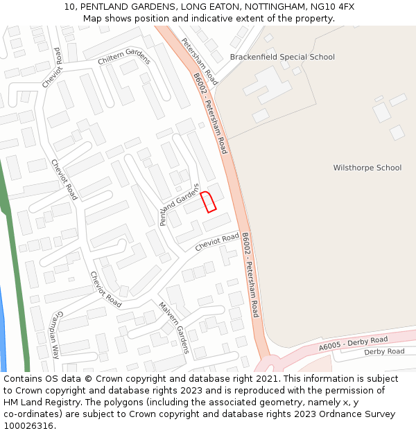 10, PENTLAND GARDENS, LONG EATON, NOTTINGHAM, NG10 4FX: Location map and indicative extent of plot