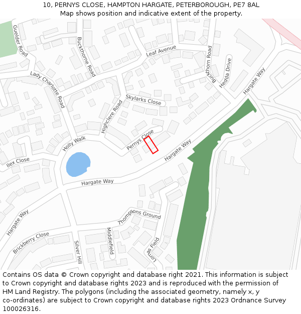 10, PERNYS CLOSE, HAMPTON HARGATE, PETERBOROUGH, PE7 8AL: Location map and indicative extent of plot