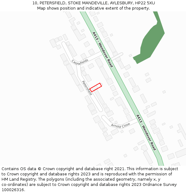10, PETERSFIELD, STOKE MANDEVILLE, AYLESBURY, HP22 5XU: Location map and indicative extent of plot