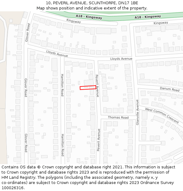 10, PEVERIL AVENUE, SCUNTHORPE, DN17 1BE: Location map and indicative extent of plot
