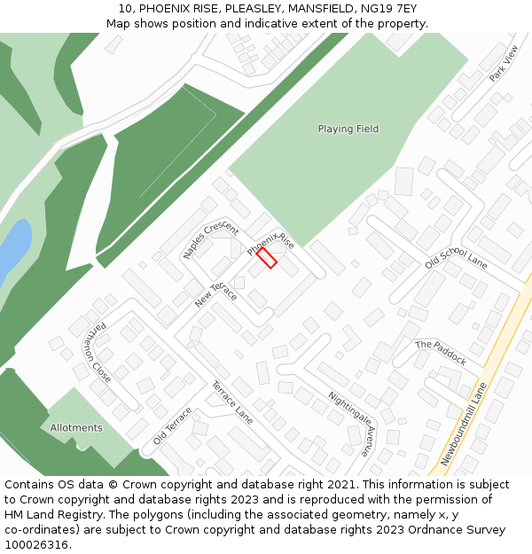10, PHOENIX RISE, PLEASLEY, MANSFIELD, NG19 7EY: Location map and indicative extent of plot
