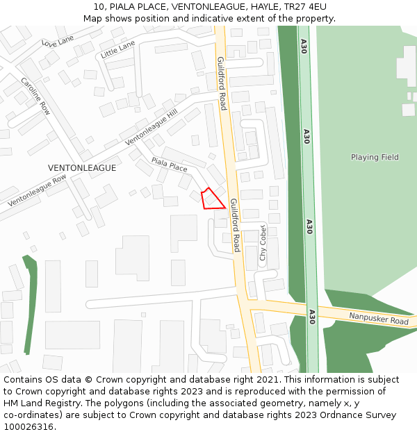 10, PIALA PLACE, VENTONLEAGUE, HAYLE, TR27 4EU: Location map and indicative extent of plot