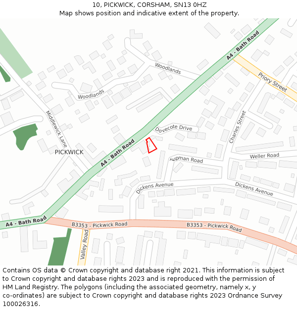 10, PICKWICK, CORSHAM, SN13 0HZ: Location map and indicative extent of plot