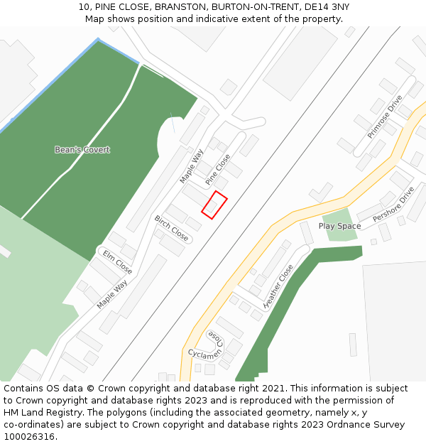 10, PINE CLOSE, BRANSTON, BURTON-ON-TRENT, DE14 3NY: Location map and indicative extent of plot