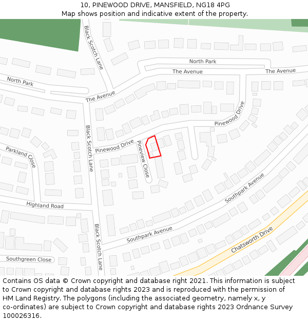 10, PINEWOOD DRIVE, MANSFIELD, NG18 4PG: Location map and indicative extent of plot