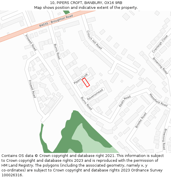 10, PIPERS CROFT, BANBURY, OX16 9RB: Location map and indicative extent of plot