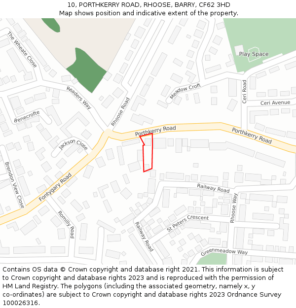 10, PORTHKERRY ROAD, RHOOSE, BARRY, CF62 3HD: Location map and indicative extent of plot