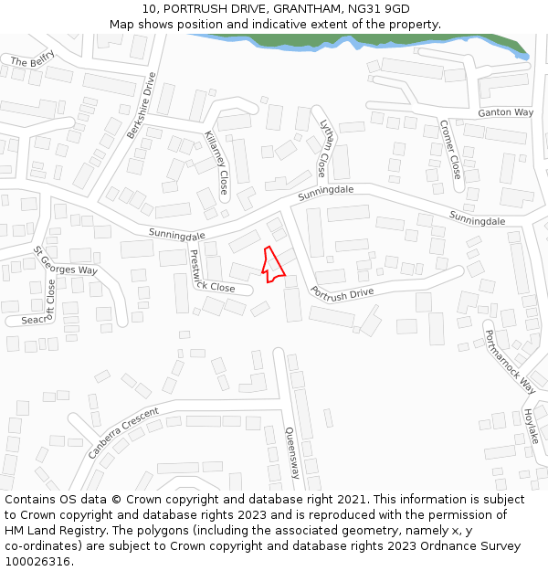 10, PORTRUSH DRIVE, GRANTHAM, NG31 9GD: Location map and indicative extent of plot