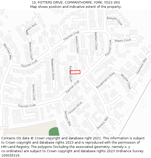10, POTTERS DRIVE, COPMANTHORPE, YORK, YO23 3XG: Location map and indicative extent of plot