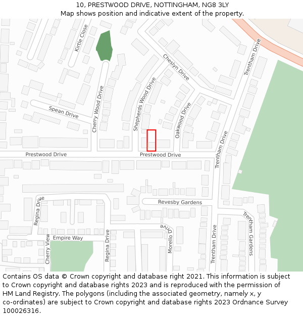 10, PRESTWOOD DRIVE, NOTTINGHAM, NG8 3LY: Location map and indicative extent of plot