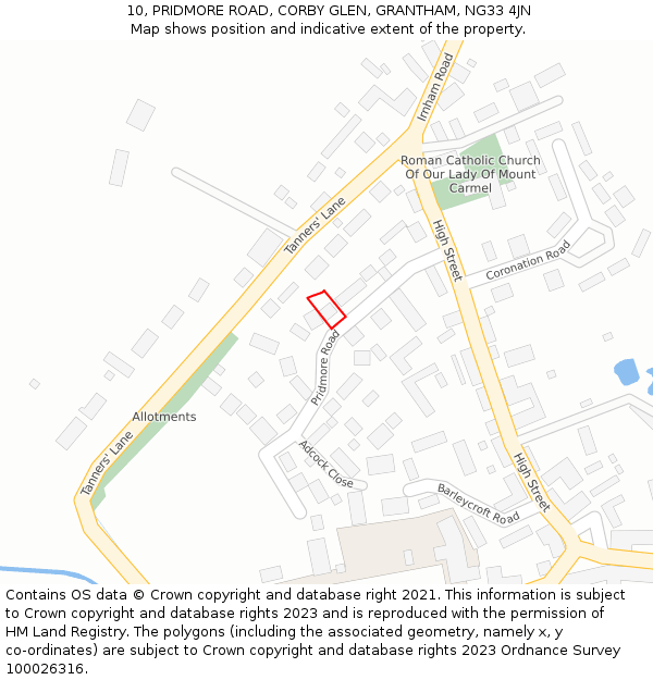 10, PRIDMORE ROAD, CORBY GLEN, GRANTHAM, NG33 4JN: Location map and indicative extent of plot