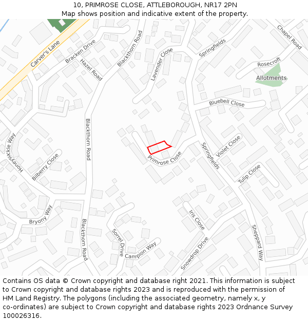 10, PRIMROSE CLOSE, ATTLEBOROUGH, NR17 2PN: Location map and indicative extent of plot