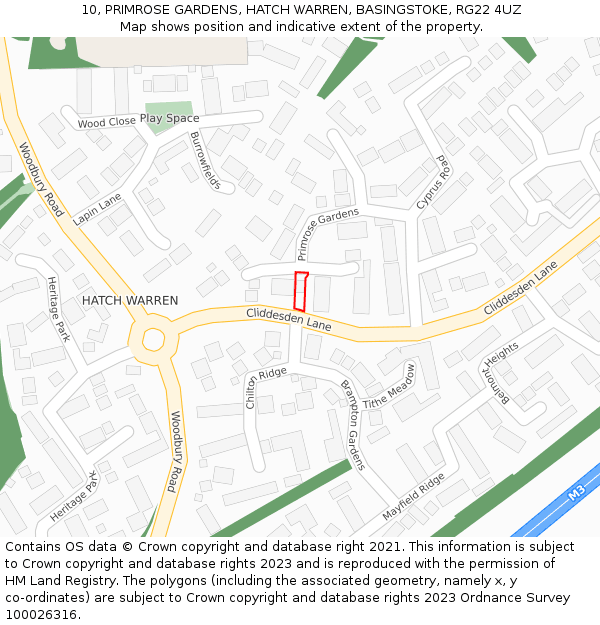 10, PRIMROSE GARDENS, HATCH WARREN, BASINGSTOKE, RG22 4UZ: Location map and indicative extent of plot