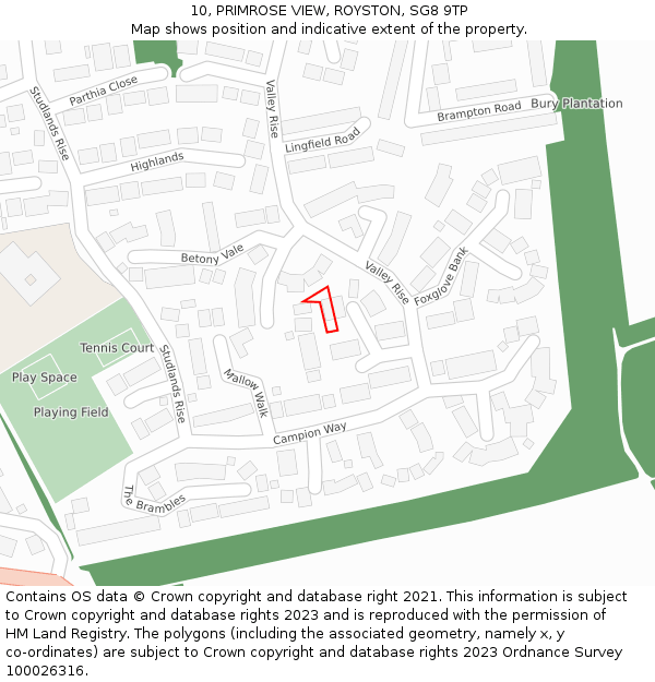 10, PRIMROSE VIEW, ROYSTON, SG8 9TP: Location map and indicative extent of plot