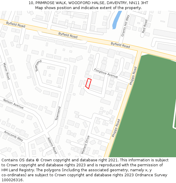 10, PRIMROSE WALK, WOODFORD HALSE, DAVENTRY, NN11 3HT: Location map and indicative extent of plot
