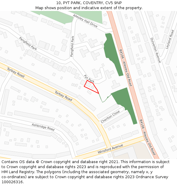 10, PYT PARK, COVENTRY, CV5 9NP: Location map and indicative extent of plot