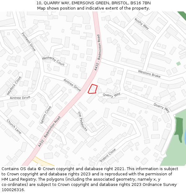 10, QUARRY WAY, EMERSONS GREEN, BRISTOL, BS16 7BN: Location map and indicative extent of plot