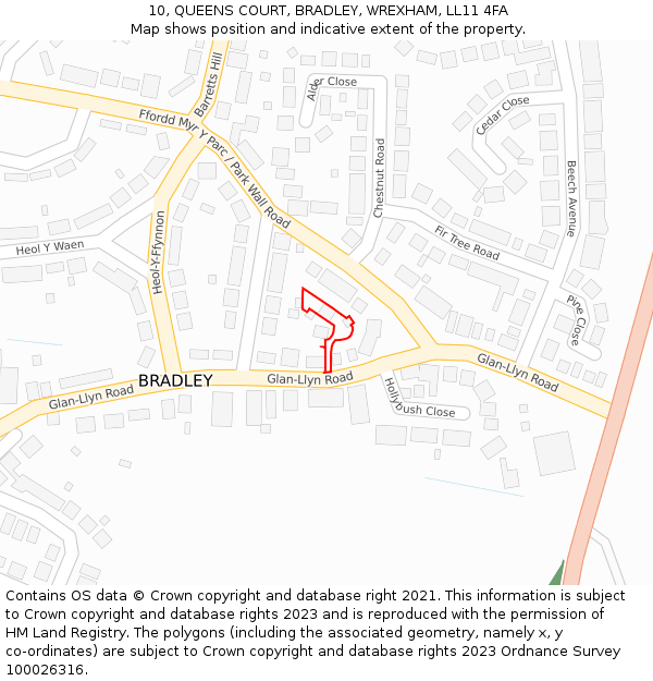 10, QUEENS COURT, BRADLEY, WREXHAM, LL11 4FA: Location map and indicative extent of plot