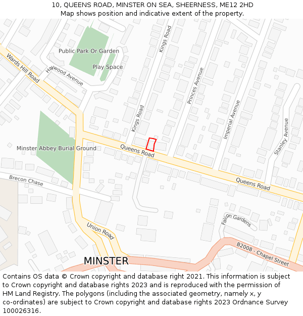 10, QUEENS ROAD, MINSTER ON SEA, SHEERNESS, ME12 2HD: Location map and indicative extent of plot