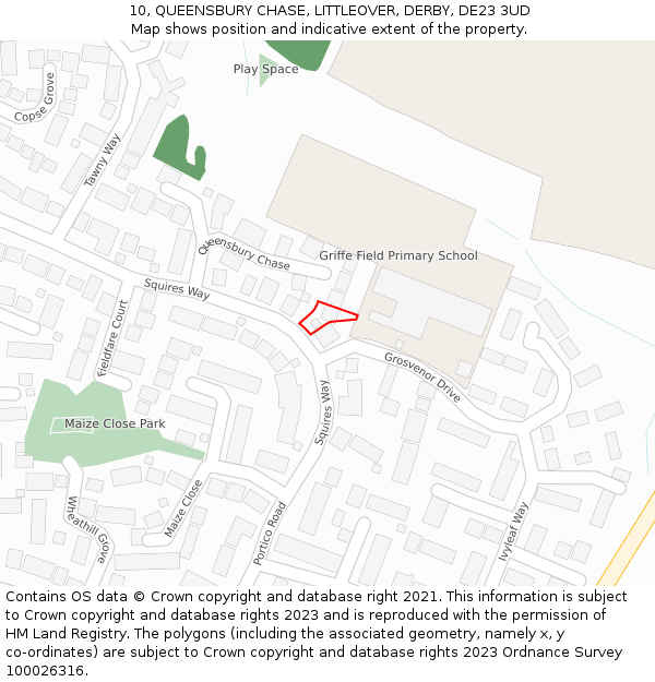 10, QUEENSBURY CHASE, LITTLEOVER, DERBY, DE23 3UD: Location map and indicative extent of plot
