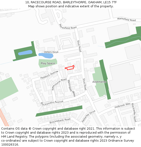 10, RACECOURSE ROAD, BARLEYTHORPE, OAKHAM, LE15 7TF: Location map and indicative extent of plot