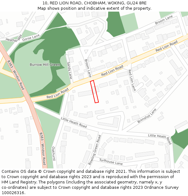 10, RED LION ROAD, CHOBHAM, WOKING, GU24 8RE: Location map and indicative extent of plot