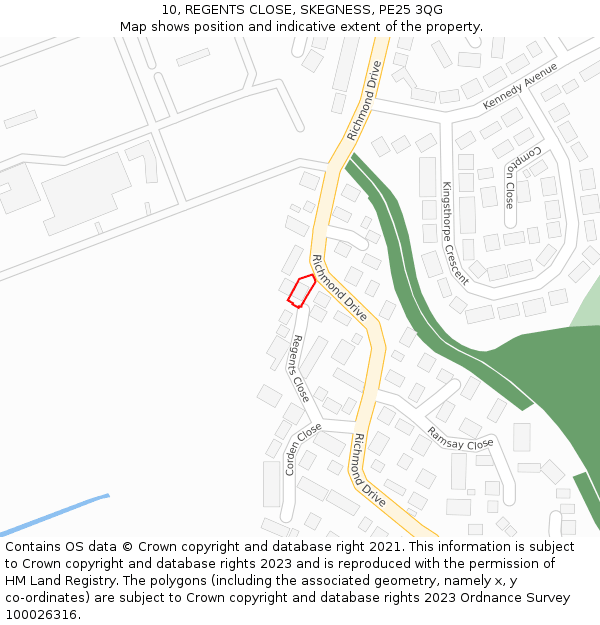 10, REGENTS CLOSE, SKEGNESS, PE25 3QG: Location map and indicative extent of plot