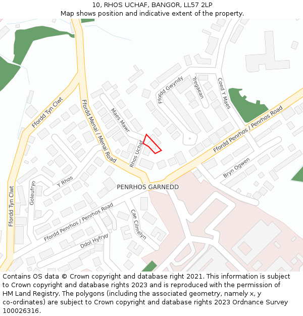 10, RHOS UCHAF, BANGOR, LL57 2LP: Location map and indicative extent of plot