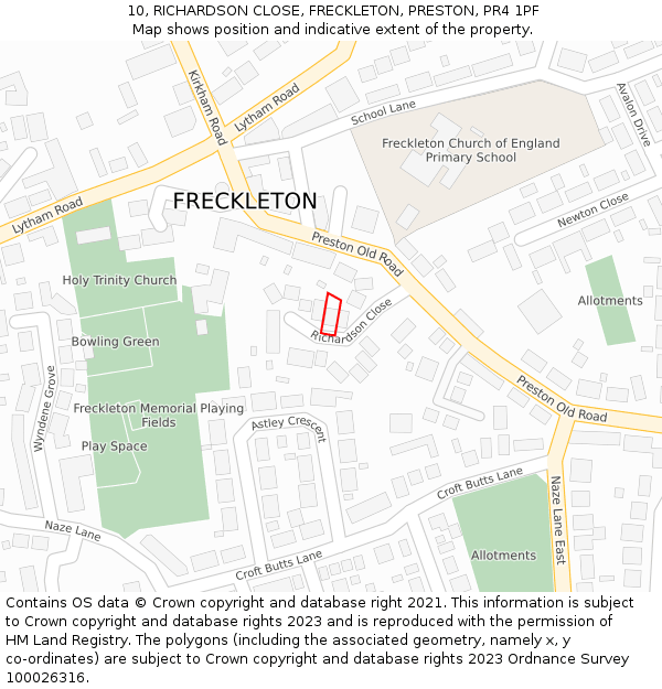10, RICHARDSON CLOSE, FRECKLETON, PRESTON, PR4 1PF: Location map and indicative extent of plot