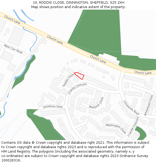 10, RODDIS CLOSE, DINNINGTON, SHEFFIELD, S25 2XH: Location map and indicative extent of plot