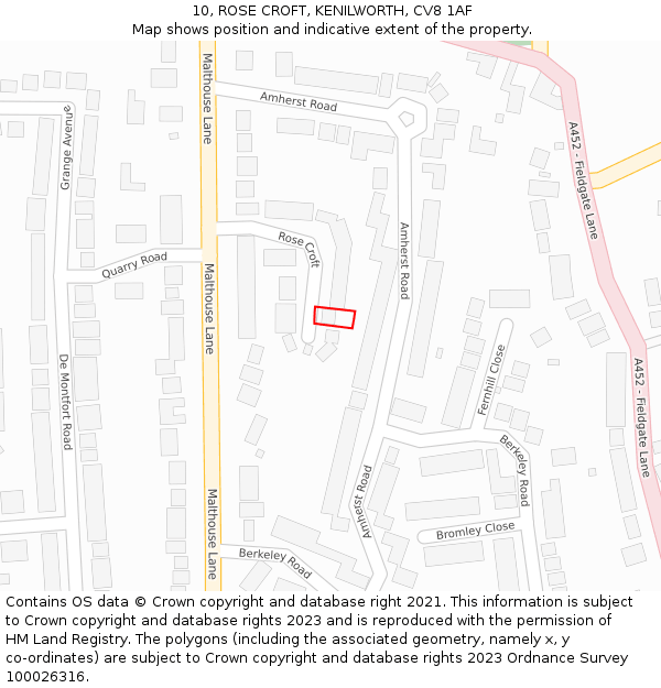 10, ROSE CROFT, KENILWORTH, CV8 1AF: Location map and indicative extent of plot