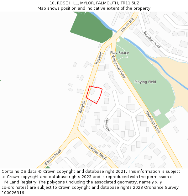 10, ROSE HILL, MYLOR, FALMOUTH, TR11 5LZ: Location map and indicative extent of plot