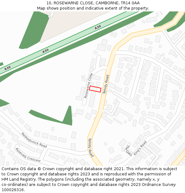 10, ROSEWARNE CLOSE, CAMBORNE, TR14 0AA: Location map and indicative extent of plot