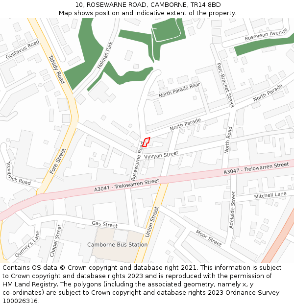 10, ROSEWARNE ROAD, CAMBORNE, TR14 8BD: Location map and indicative extent of plot