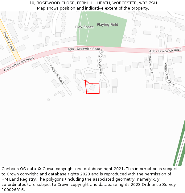10, ROSEWOOD CLOSE, FERNHILL HEATH, WORCESTER, WR3 7SH: Location map and indicative extent of plot