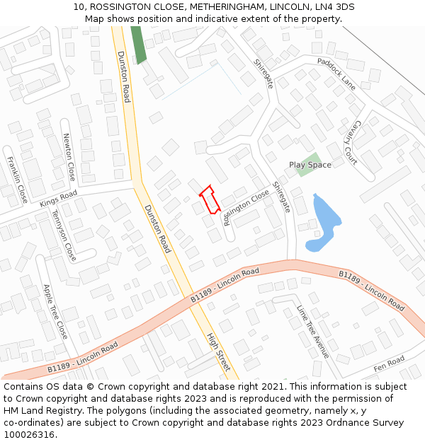 10, ROSSINGTON CLOSE, METHERINGHAM, LINCOLN, LN4 3DS: Location map and indicative extent of plot
