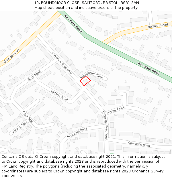 10, ROUNDMOOR CLOSE, SALTFORD, BRISTOL, BS31 3AN: Location map and indicative extent of plot