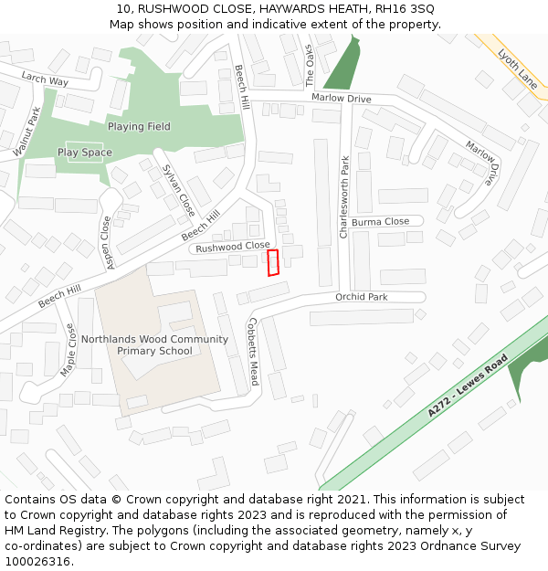 10, RUSHWOOD CLOSE, HAYWARDS HEATH, RH16 3SQ: Location map and indicative extent of plot