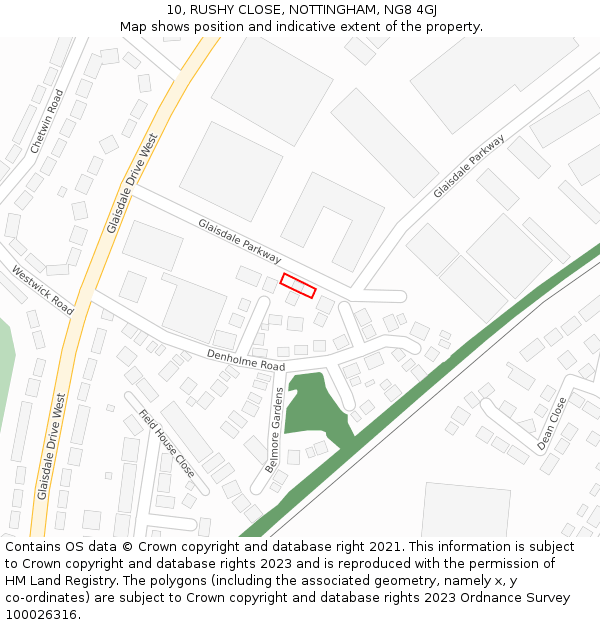 10, RUSHY CLOSE, NOTTINGHAM, NG8 4GJ: Location map and indicative extent of plot