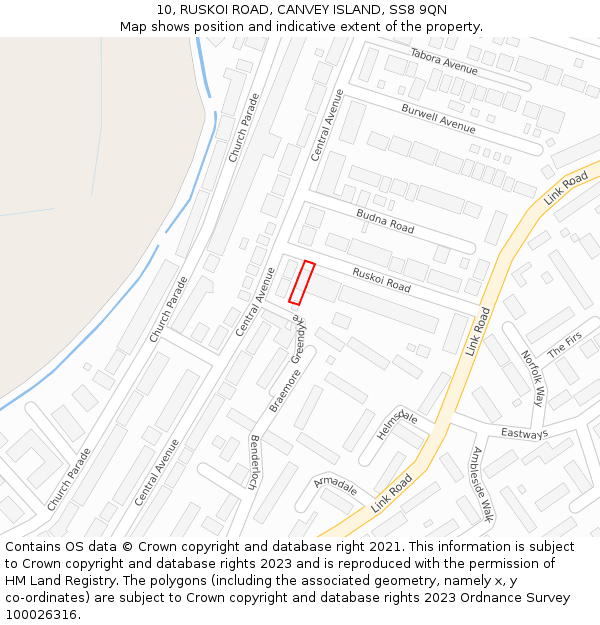 10, RUSKOI ROAD, CANVEY ISLAND, SS8 9QN: Location map and indicative extent of plot