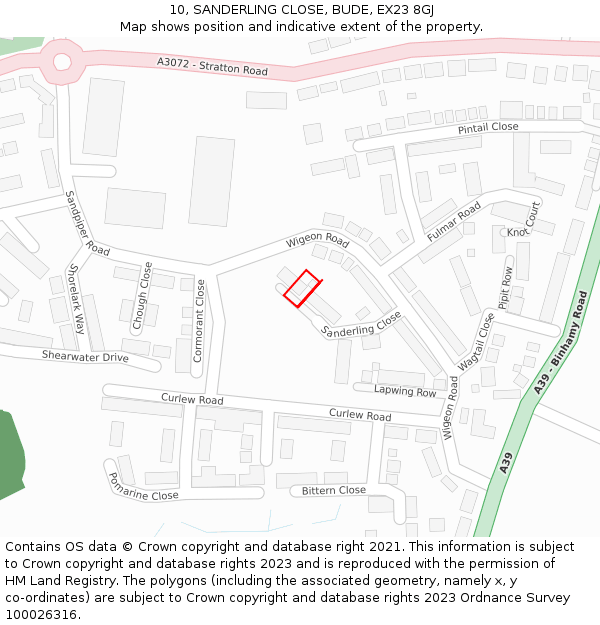 10, SANDERLING CLOSE, BUDE, EX23 8GJ: Location map and indicative extent of plot