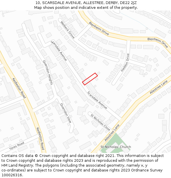 10, SCARSDALE AVENUE, ALLESTREE, DERBY, DE22 2JZ: Location map and indicative extent of plot